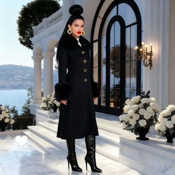 Vince Camuto black wool blend coat with removeable faux fur collar and cuffs M - Picture 4 of 15